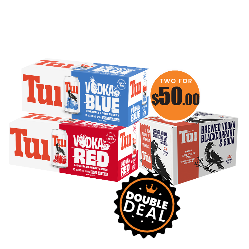Tui Lemon; Red, Blue Soda 6% 330ml 10pks, Tui Vodka Soda 7% 250ml 12pk can range any 2 For $50.00