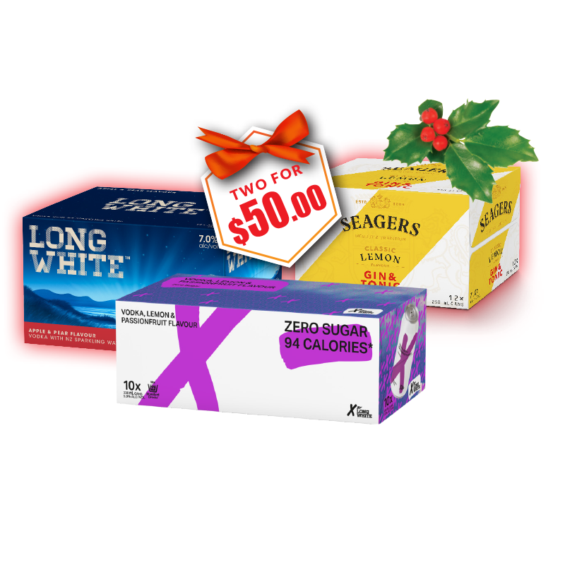Long White 12pk 240ml, Seagers 250ml 7% 12pk cans, X by Long White 5% 10pk cans any 2 For $50.00